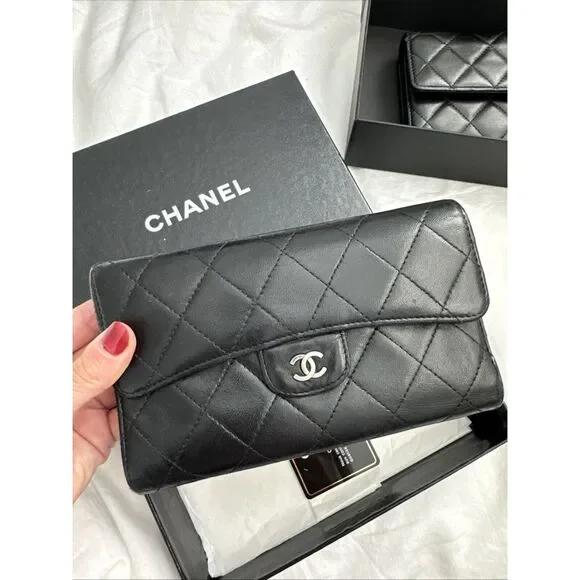 CHANEL Flap Wallet Quilted Black Silver Tone Hardware W/box - Picture 2 of 16